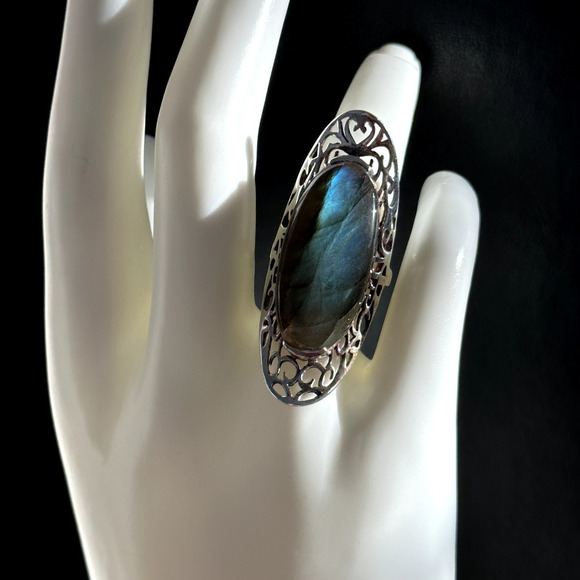 925 Sterling Silver Vintage HUGE Tall Labradorite Large Gemstone Ring Size 6.75 - Picture 4 of 14